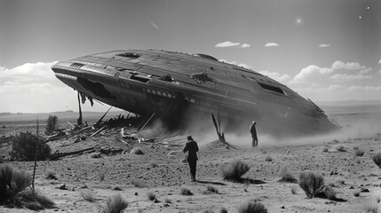 a 1950s black and white photograph depicting two men standing in front of a crashed flying saucer uf