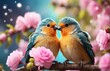 Two birds in love on a flowering branch, valentine day concept
