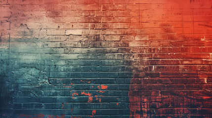 Wall Mural - Bright red and blue textured brick wall with a grungy feel.