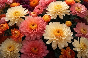  Chrysanthemum Blossoms Silhouettes Dance in Harmonious Splendor, A Pixelated Tapestry of Nature's Beauty
