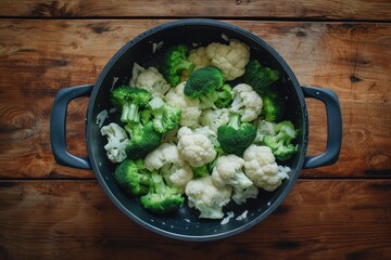 Wall Mural - Black saucepan with cooked broccoli and cauliflower on wooden table.