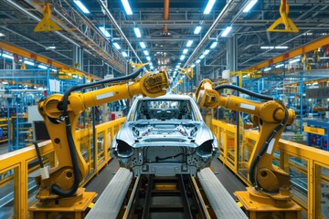 Fototapete - Modern car manufacturing factory, automobile assembly line, automotive industry.