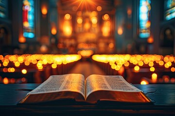 Wall Mural - Open holy bible book with glowing lights in church