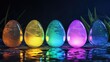 Illuminated multicolored eggs in a glass aquarium radiate a mystical charm, Ai Generated
