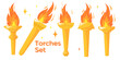 Different golden Torches set. Burning torches. Vector torches Brightly Burning Fire isolated on white background for relay race, sport championship, competition, winner, victory