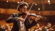 © RDO - Talented violinist in formal attire, with a concert hall and orchestra in the background
