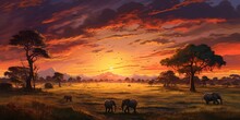 A Vast Savannah With Acacia Trees And A Herd Of Elephants In The Distance, Beneath A Golden African Sunset.