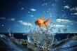 Goldfish leaps out of the aquarium to throw itself into the sea. Generative AI