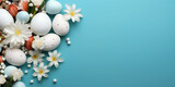 Fototapeta  - Easter poster and banner template with beautiful Easter multi-colored eggs and flowers.Promotion and shopping template for Easter. Beautiful easter promotion banner.Top view, flat lay.Space for text
