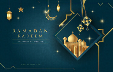 Wall Mural - Ramadan Kareem elegant design on blue Islamic background with gold ornament star, moon, mosque, lanterns and islamic element. Suitable for raya and ramadan template concept.