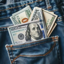 A Pocket Of Blue Jeans With Dollar Banknotes