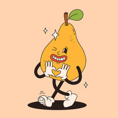 Groovy pear mascot. Funky retro character. cartoon pear, smiling, walking. Funny vintage trendy style character. Doodle Comic collection