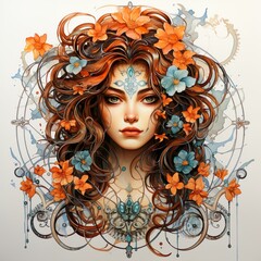 Wall Mural - Artistic Portrait of Woman with Blooming Flowers in Hair