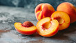 Fresh ripe whole half and sliced peach