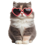 Fototapeta Zwierzęta - Fluffy Persian cat with big heart-shaped pink sunglasses, isolated on transparent background.