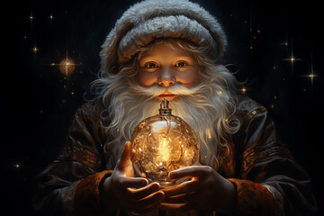 Wall Mural - Santa holding glowing Christmas ball. Merry Christmas and Happy new year.