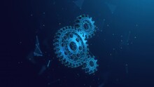 Abstract Animated Low Poly Illustration Of Gears Spinning Together. Symbol Of Corporate Collaboration, Partnership And Teamwork 4K Looped Motion Graphic On Blue Background.