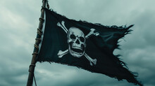 Pirate Flag With Skull And Bones On Cloudy Sky Background