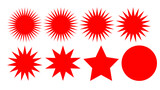 Fototapeta  - Iconos vectorizados de etiquetas para venta en rojo de venta, diseño o precio. Conjunto  Formas vectorizadas de estrella, círculos y explosión.
