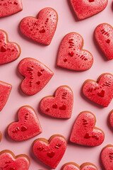 Canvas Print - many red cookies in the shape of hearts on a pink background