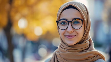 Wall Mural - Portrait of successful Muslim woman student in hijab smiling and looking at camera, wearing glasses