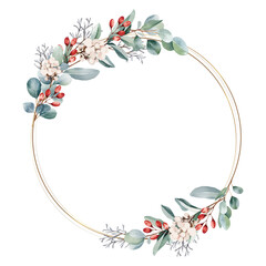 Wall Mural - Botanical frame and border of eucalyptus and red berry on white background. Gold line circle with plant wreath. Vector illustration.