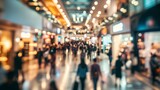 Fototapeta  - Abstract blurred photo of many people shopping inside department store or modern  shopping mall. Urban lifestyle and black Friday shopping, motion, speed, blurred, group, city, modern