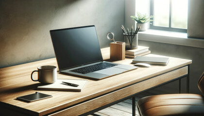 Wall Mural - A modern and minimalist workspace featuring an open laptop, desk lamp, and office supplies, bathed in natural light from a window.