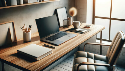 Wall Mural - A modern and minimalist workspace featuring an open laptop, desk lamp, and office supplies, bathed in natural light from a window.