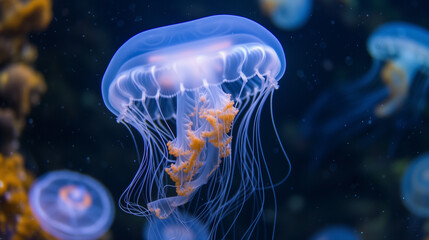 Wall Mural - Illuminated jellyfish moving through the water. Isolated on dark background. a jellyfish with a purple body and blue tentacles is swimming in the water with a blue background and a blue sky. Common 