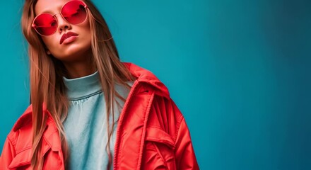 Sticker - Young Caucasian blonde woman in a red puffer jacket and sunglasses against a blue background. 