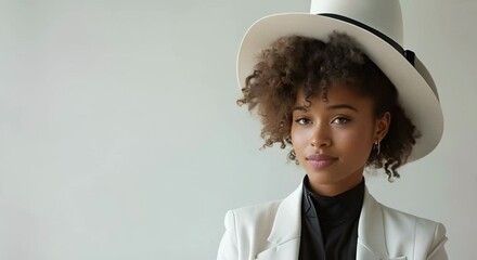 Sticker - Young African American woman in white, elegant hat portrait. 