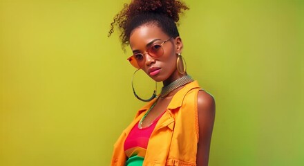 Wall Mural - Young black woman in a vibrant outfit against a green wall. 