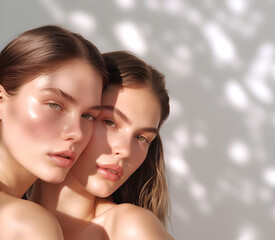 Fashion Concept. Closeup portrait of two girls in natural makeup glow look with beautiful sun kissed organic dewy skin. illuminated with dynamic composition light, copy text space