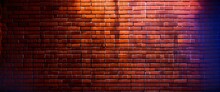Neon Light On Brick Walls That Are Not Plastered Background And Texture. Lighting Effect Red And Blue Neon Background Vertical Of Empty Brick Basement Wall, High Quality Photo, Cinematic Shot, Realist