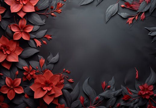 a red flower arrangement on a dark grey background, template with border, greeting card, invitation, wedding design, space for text, mothers day, 8 march