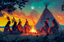 Native American Indigenous People Sitting Near The Bonfire On Circle Near The Wigwam At Night On Full Moon