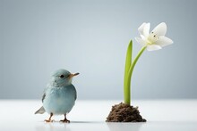 A Little Blue Bird Perches Near A Delicate White Wildflower, Creating A Charming And Peaceful Scene In Nature.