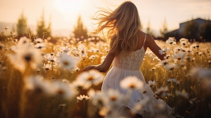 Blonde woman dancing in a white flower meadow, wearing a white dress