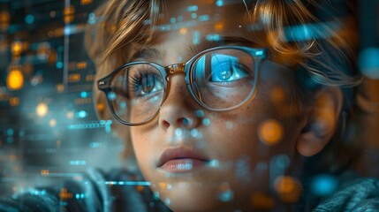 Wall Mural - curious child gazing through digital world interface. encounter with futuristic technology. visualiz