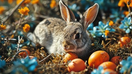 A rabbit sitting in a field of flowers with eggs, AI