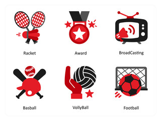 Six Games icons in red and black as racket, award, broadcasting