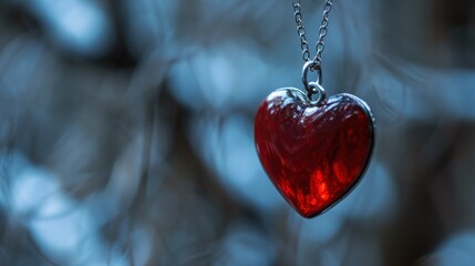 Poster - A red heart shaped pendant hanging from a chain on tree branch, AI