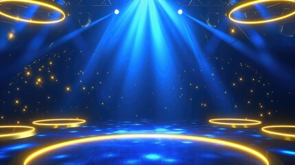 Abstract futuristic 3d golden ring circles with spotlight on blue stage background