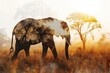 silhouette of a large African elephant against the backdrop of the savanna at sunset. Nature and animal conservation concept. Problems of Africa, safari and animal extermination