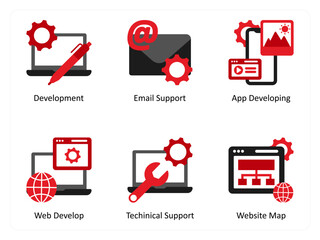 Six Technology Red and Black icons as development, email support, app developing