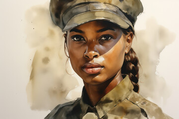 Wall Mural - Feminine Forces: A Captivating Young Army Soldier, Radiating Strength and Beauty, Standing Proudly against a Vintage Camouflage Background.