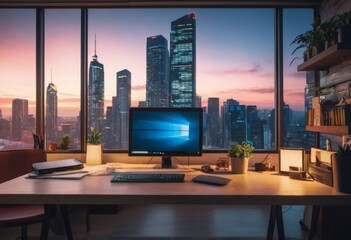 Beautiful blurred background of a modern office interior in gray tones with panoramic windows, glass partitions and orange color accents.