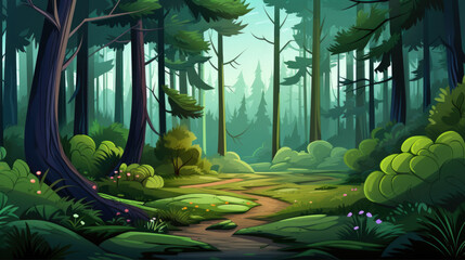 Wall Mural - Forest path landscape illustration in cartoon style. Scenery background