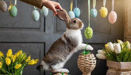 Wall Mural - An Easter bunny standing on hind legs, reaching for a dangling Easter egg decoration.